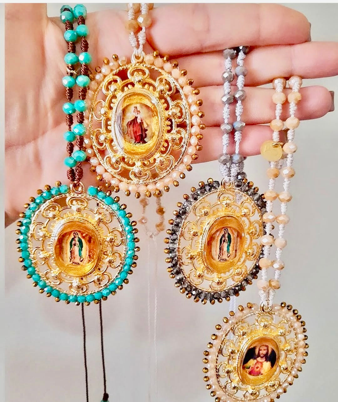 Our Lady of Guadalupe, Our Lady of Mount Carmel and Sacred Heart of Jesus Handcrafted Necklace