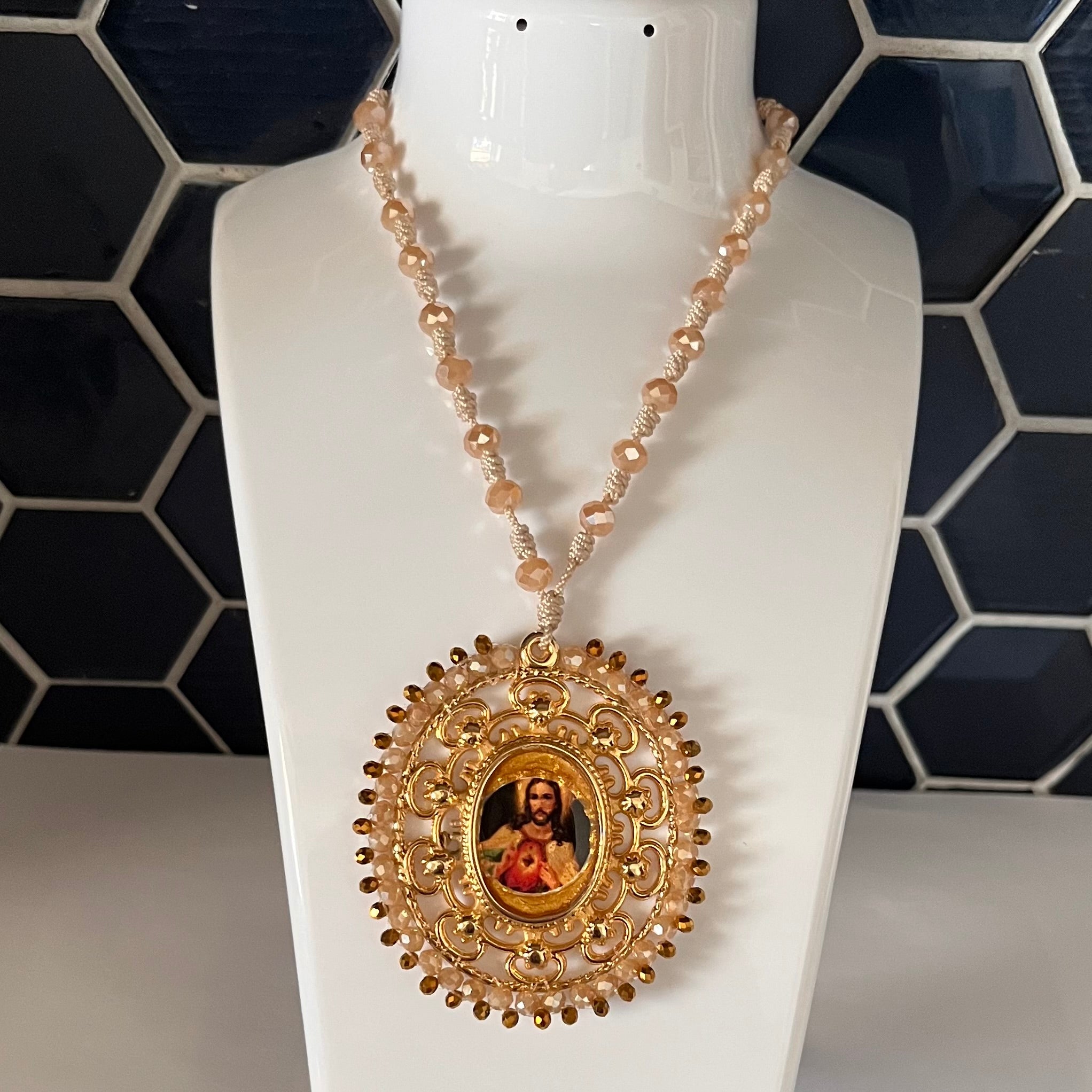 Our Lady of Guadalupe, Our Lady of Mount Carmel and Sacred Heart of Jesus Handcrafted Necklace