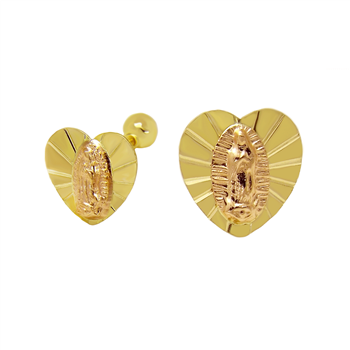 14K Solid Gold Our Lady of Guadalupe 2 Tone Heart-Shape Stud Earrings W.Screw Back