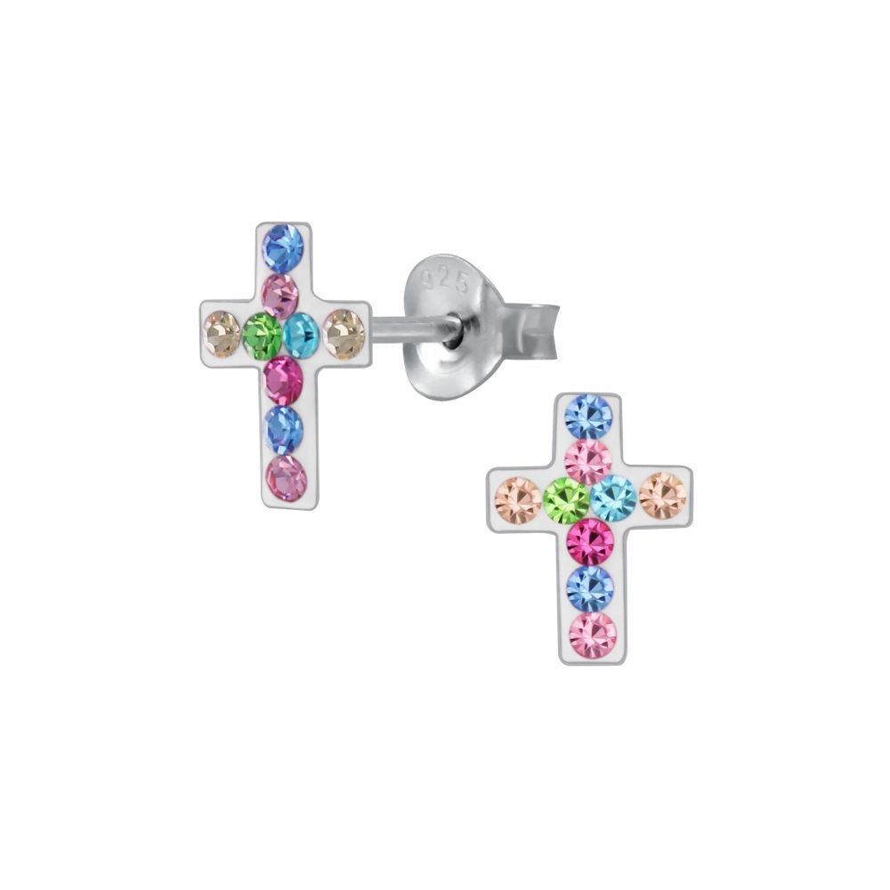 Silver Cross Crystal Stud Earrings