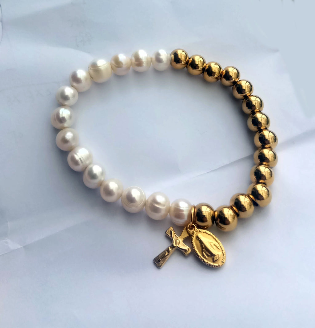 Freshwater pearl Our Lady of the Miraculous Medal  elastic bracelet