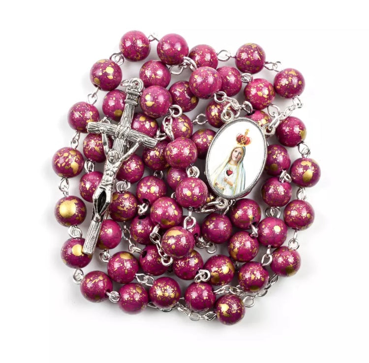 Our Lady of Fatima Rosary (Purple / Gold Acrylic Beads, Metal Chain)