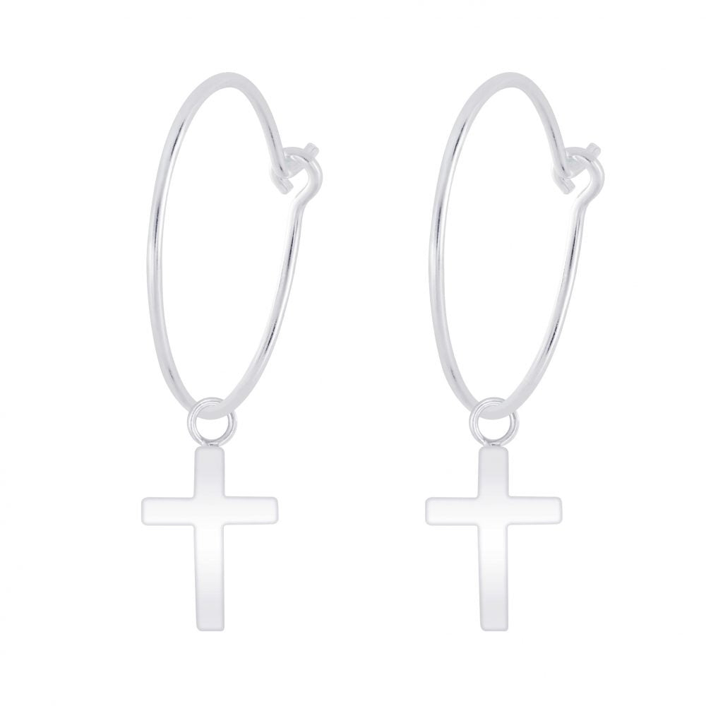 Silver Cross Charm Hoop Earrings