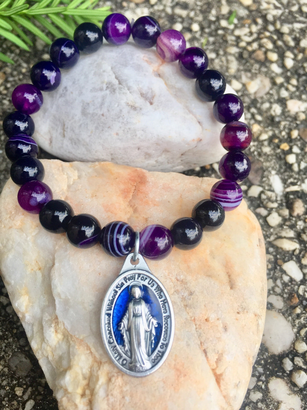 Opal Agate Natural Our Lady of the Miraculous Medal Stretchable Bracelet.