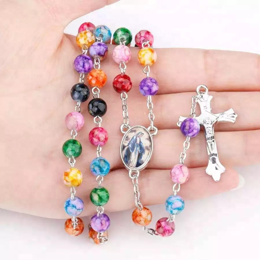 Our Lady of Grace Rosary (Multicolor Acrylic Beads, Metal Chain)