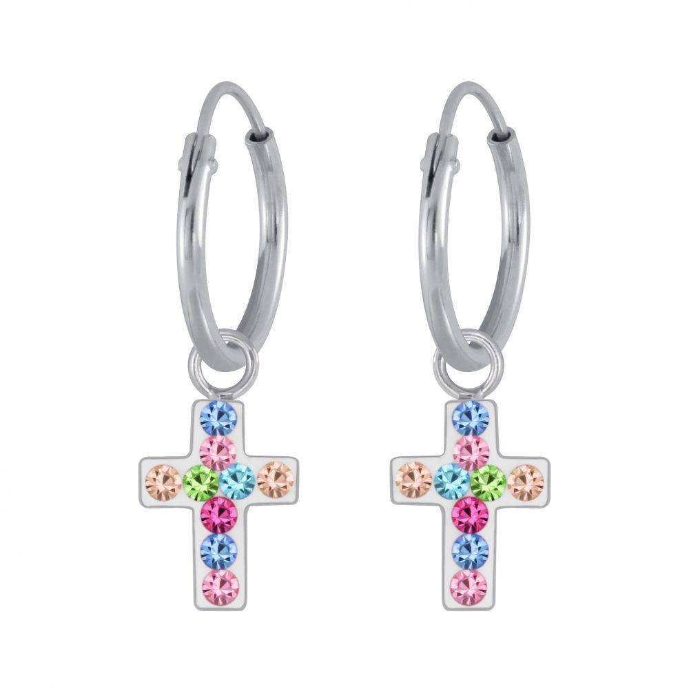 Silver Cross Crystal Charm Hoop Earrings