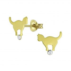 Silver Cat Stud Earrings 14K Gold plated