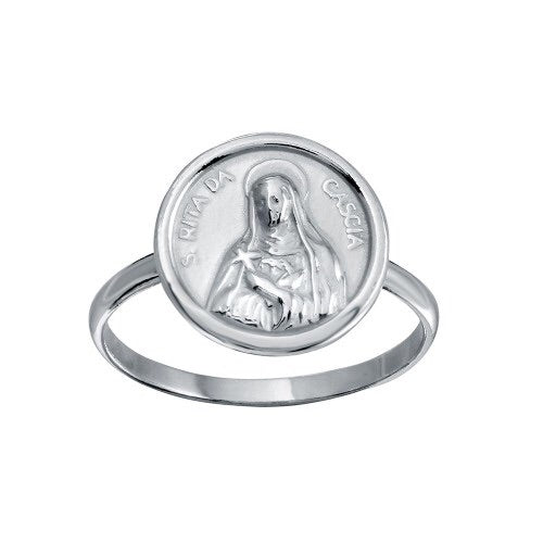 Sterling Silver 925 High Polished Disc St. Rita da Cascia Design Ring