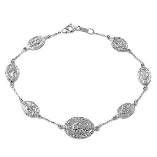 Sterling Silver 925 Rhodium Plated Miraculous Medal Medallion Charm Bracelet